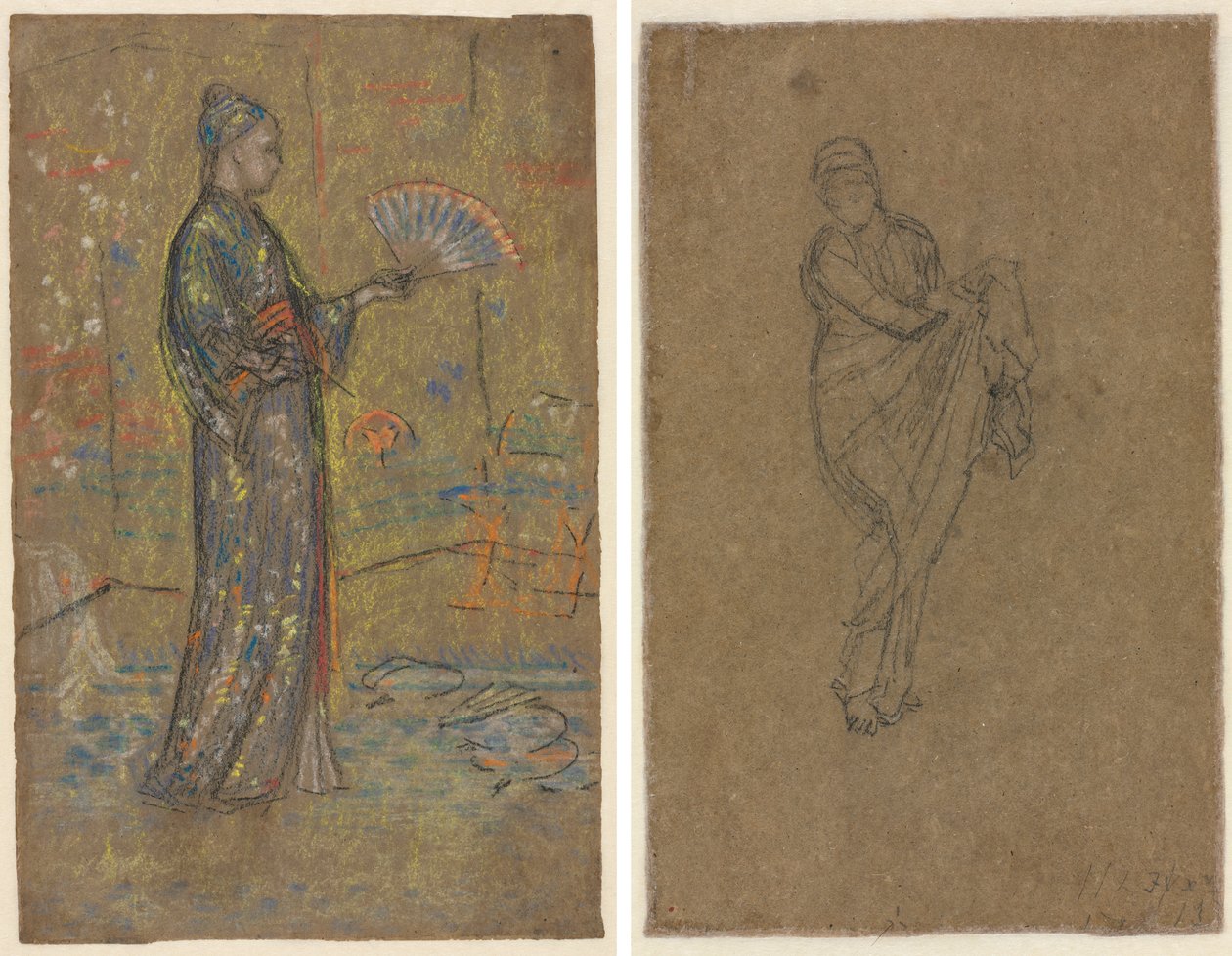 Donna giapponese dipinge un ventaglio (recto); donna in piedi solleva il vestito (verso) da James McNeill Whistler