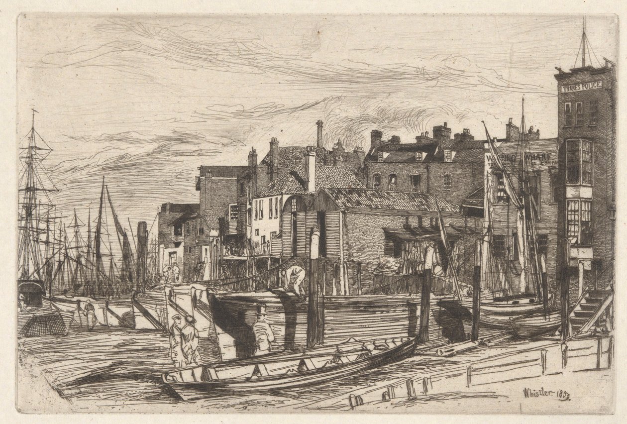 Polizia del Tamigi (Wapping Wharf), dalla serie del Tamigi (Una serie di sedici incisioni di scene sul Tamigi e altri soggetti) da James Abbott McNeill Whistler