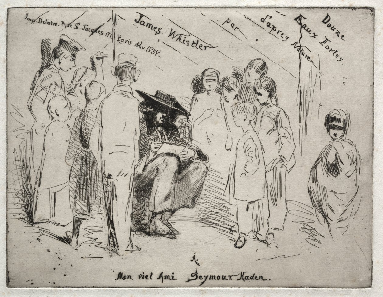 Dodici acqueforti dal vero: frontespizio - Delauney che disegna da James McNeill Whistler
