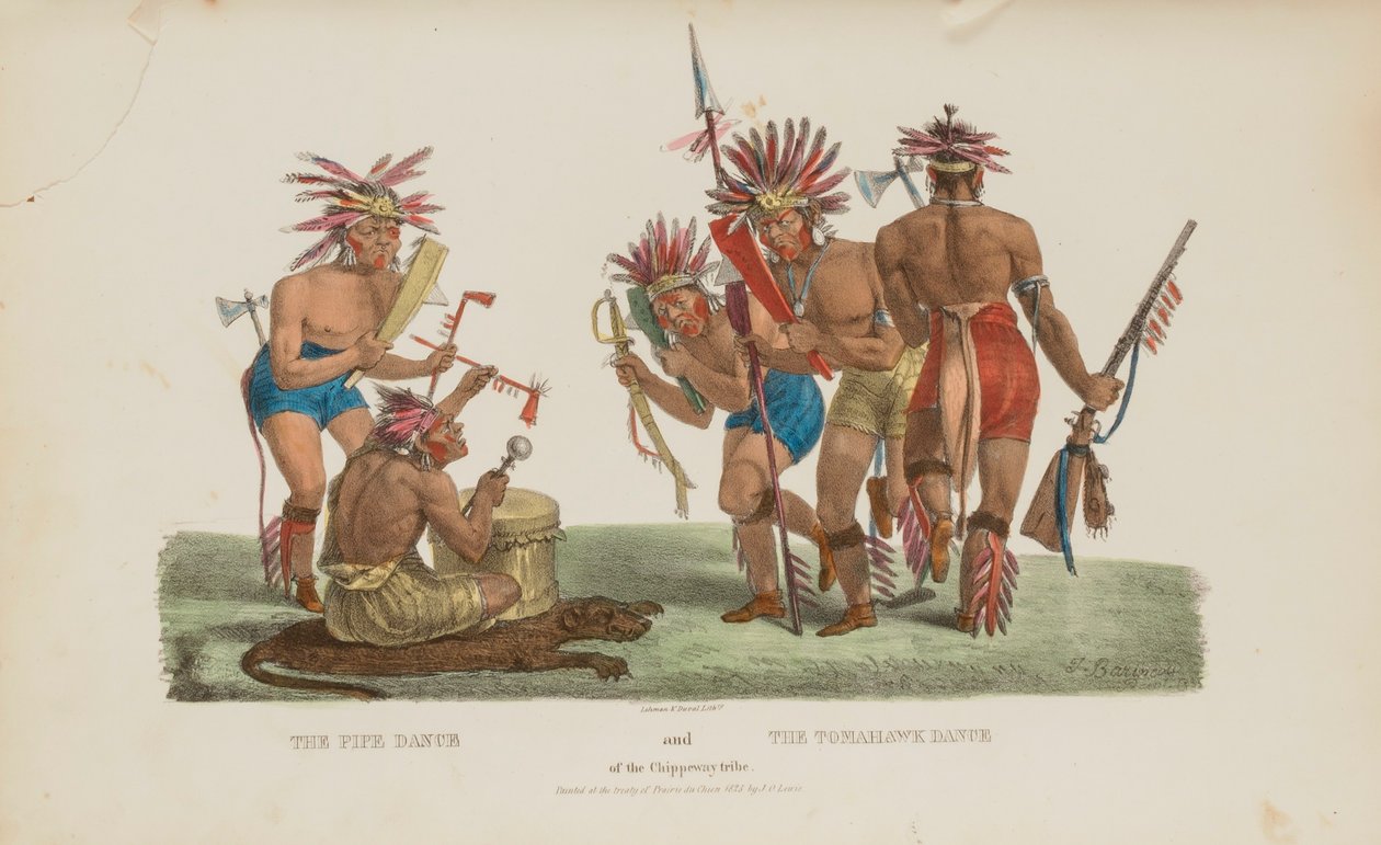 La Pipe Dance e la Tomahawk Dance della Tribù Chippeway, da The Aboriginal Portfolio da James Otto Lewis
