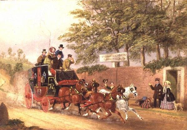 Una diligenza che passa viaggiatori su una strada da James Pollard