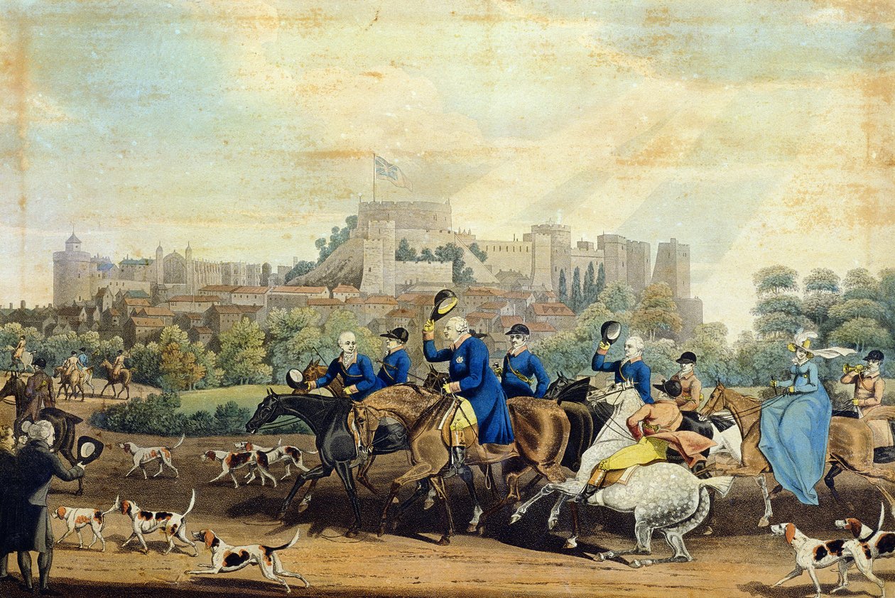 Giorgio III (1738-1820) di ritorno dalla caccia, inciso da M. Dubourg, 1820 da James Pollard