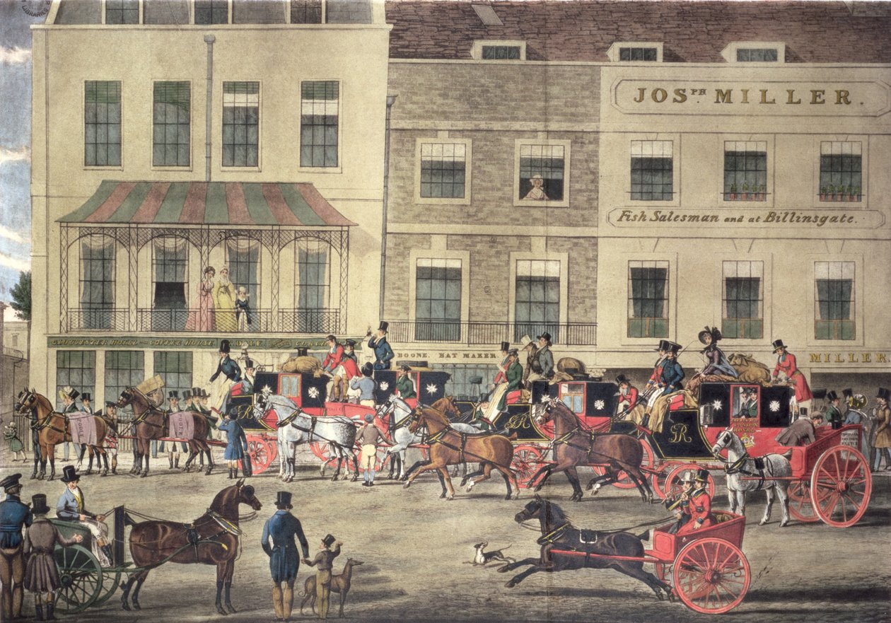 Posta del West Country alla Gloucester Coffee House, Piccadilly, inciso da C. Rosenberg, 1828 da James Pollard