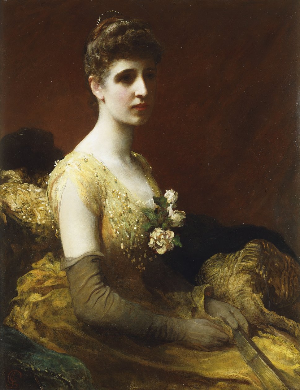Ritratto di Lady Dixon di Rheda, tre quarti di lunghezza, seduta con un vestito giallo con fiori e un ventaglio da James Sant
