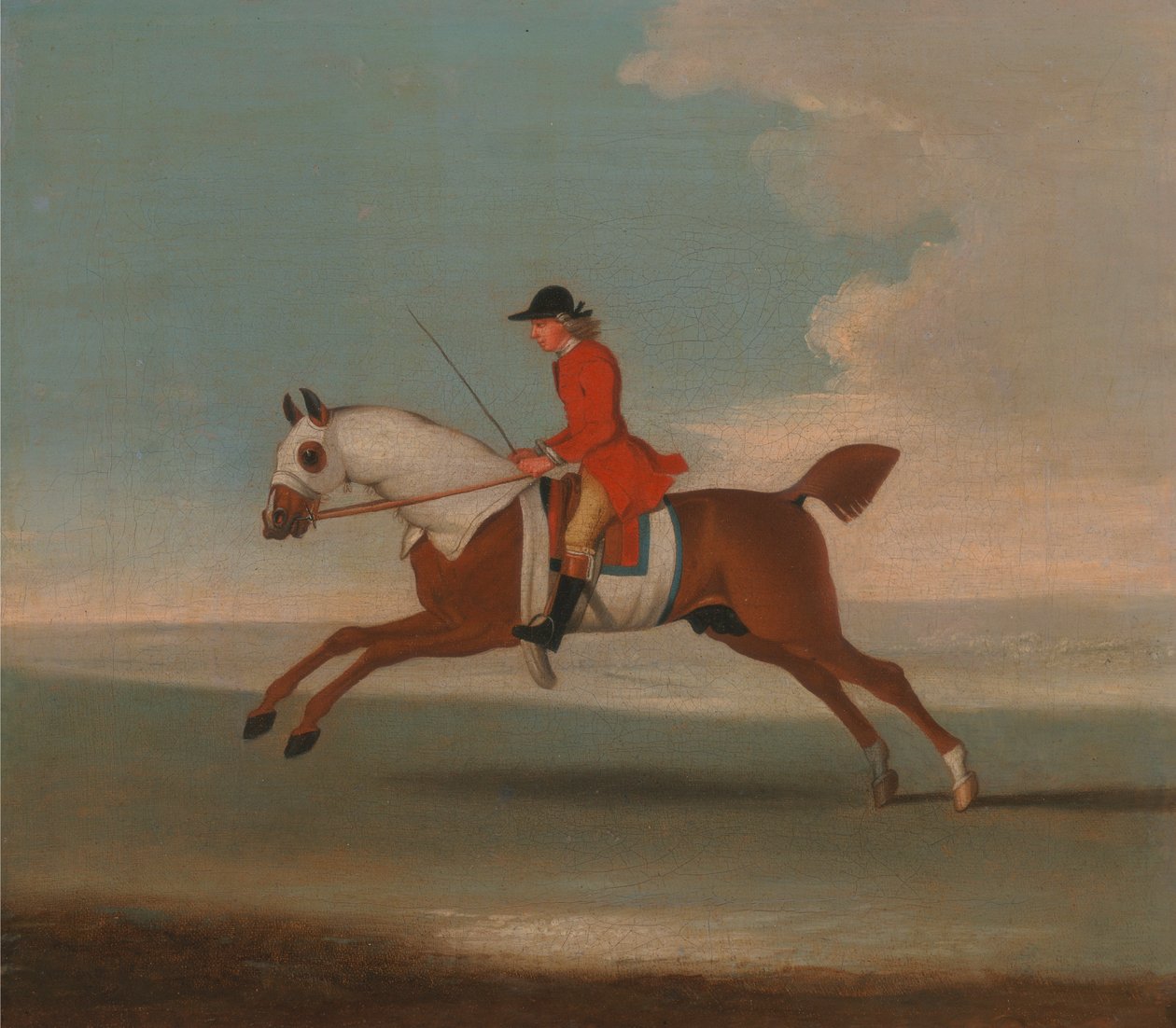 Uno dei Quattro Ritratti di Cavalli - un Cavallo da Corsa Castano Allenato da un Istruttore in Cappotto Rosso: galoppando a sinistra, il cavallo indossa coperture bianche per il sudore su testa, collo e corpo da James Seymour