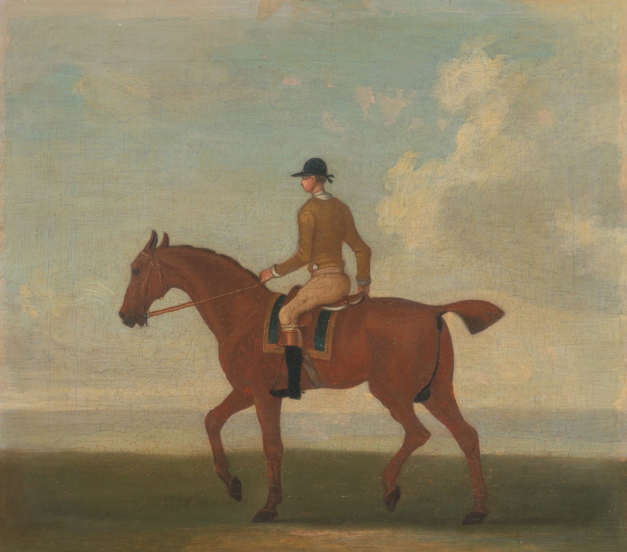 Uno dei quattro ritratti di cavalli - un cavallo da corsa castano con fantino in piedi: cammina verso sinistra; fantino con giacca giallo-blu. da James Seymour