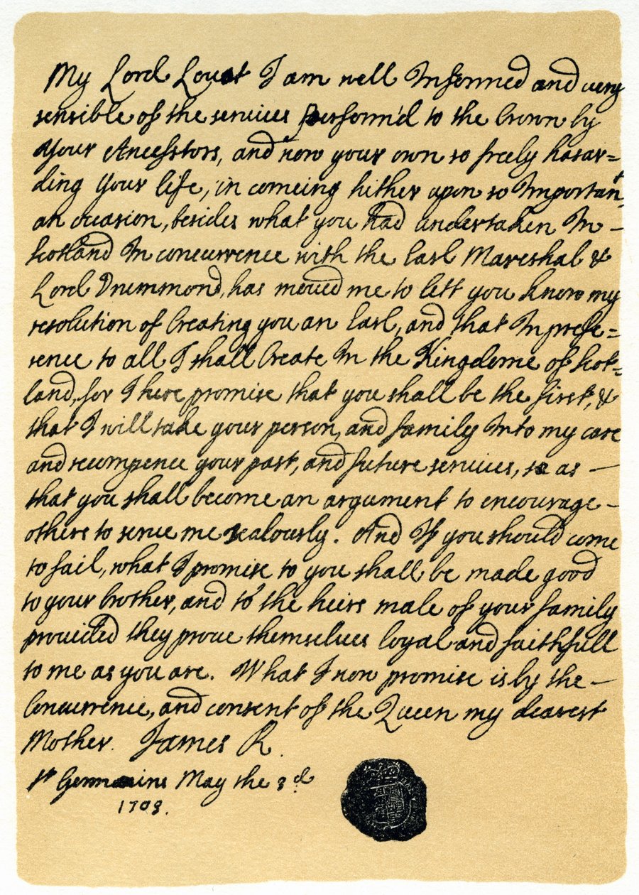 Lettera di James Edward Stuart a Simon Fraser, Lord Lovat, St Germains, 3 maggio 1703 da James Stuart