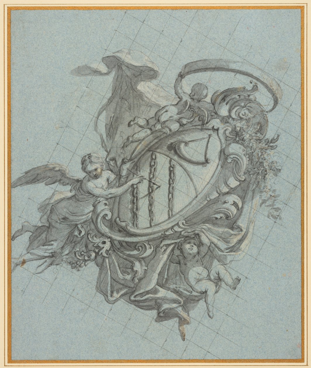 Uno stemma con un corno e tre catene sostenuto da un angelo e due putti da James Thornhill