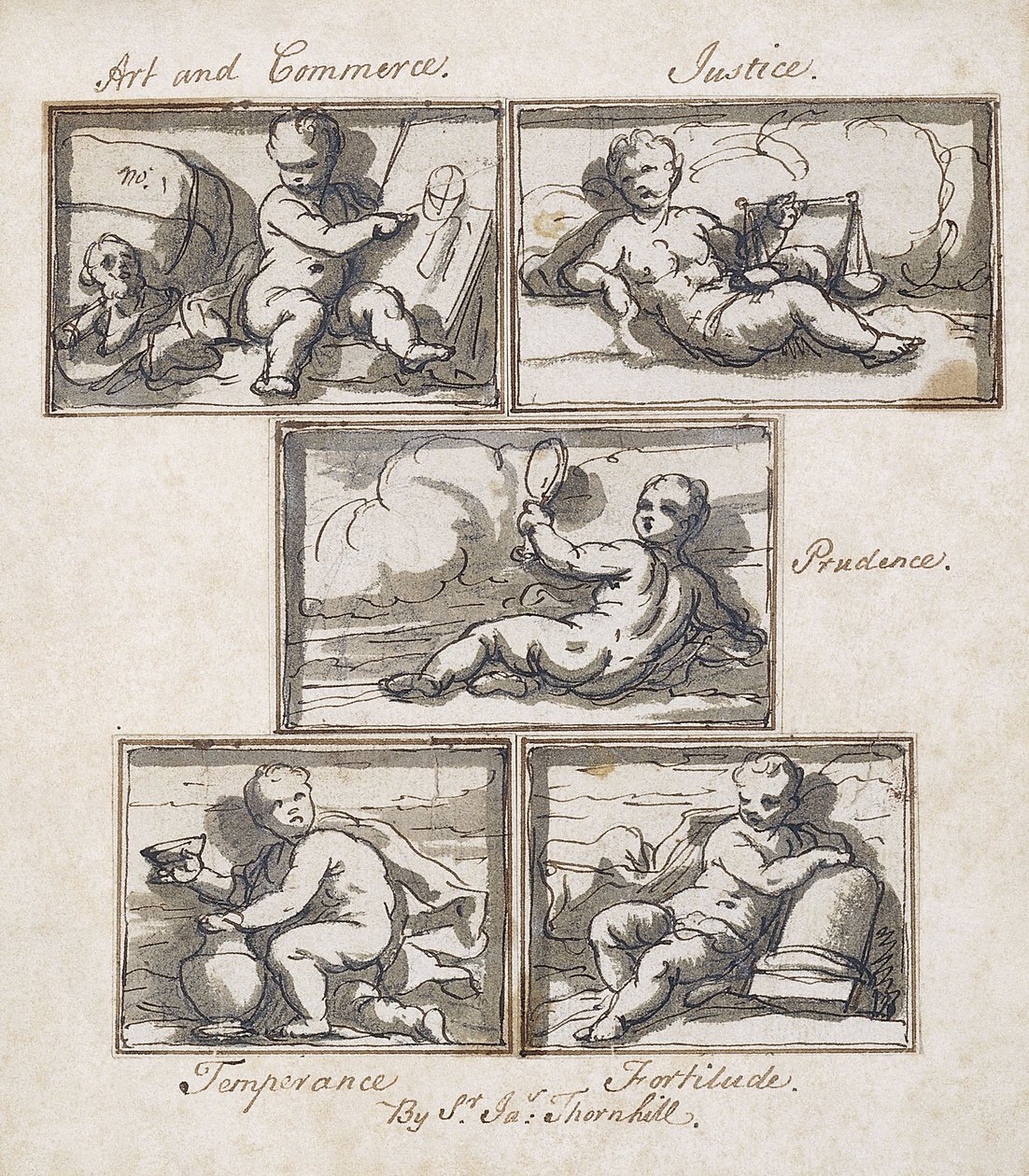 Arte e commercio; Giustizia; Prudenza; Temperanza; e Fortezza da James Thornhill