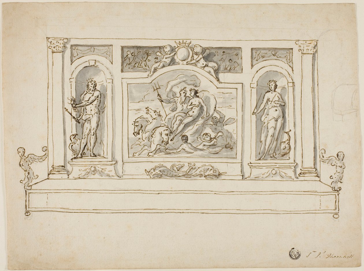 Nettuno e Anfitrite affiancati da Giove e Giunone: progetto per una panca da sala o da giardino dipinta da James Thornhill