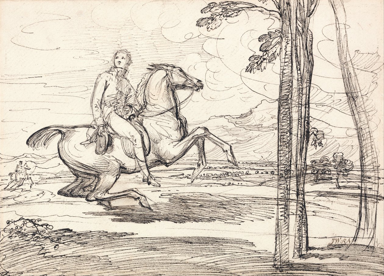 Un cavaliere in un paesaggio: Probabilmente uno studio per "Theophilus Levett a caccia di volpi nel parco di Wychnor". da James Ward
