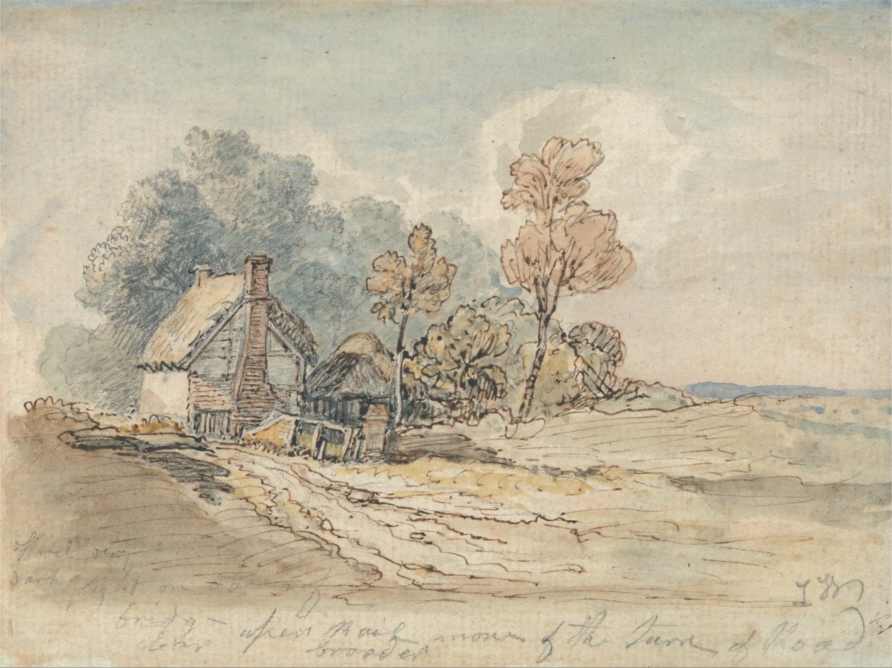 Un cottage con tetto di paglia e alberi alla svolta di una strada di campagna da James Ward