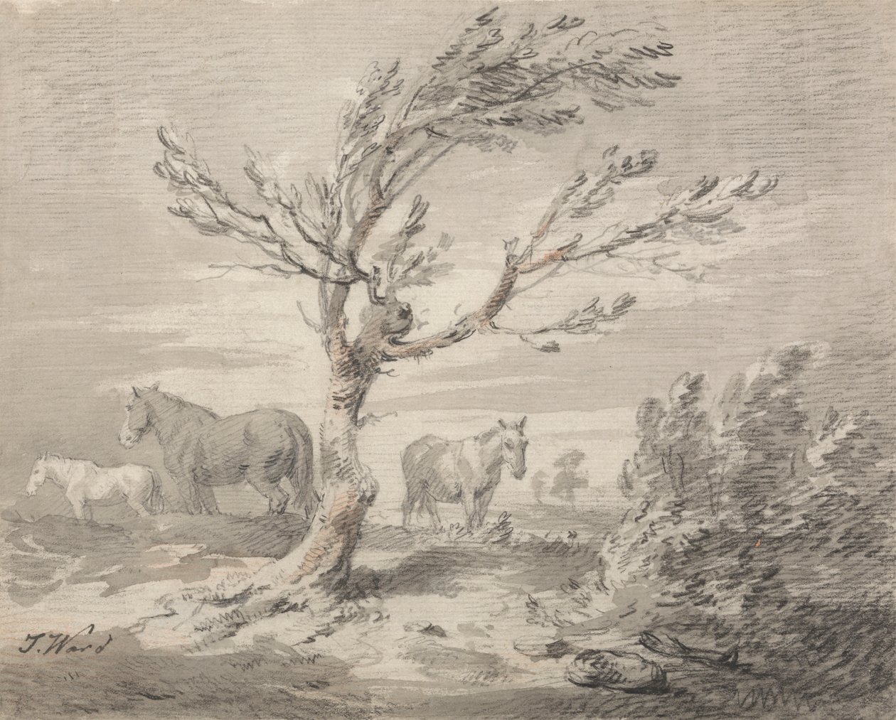Paesaggio con tre cavalli e un albero in primo piano da James Ward