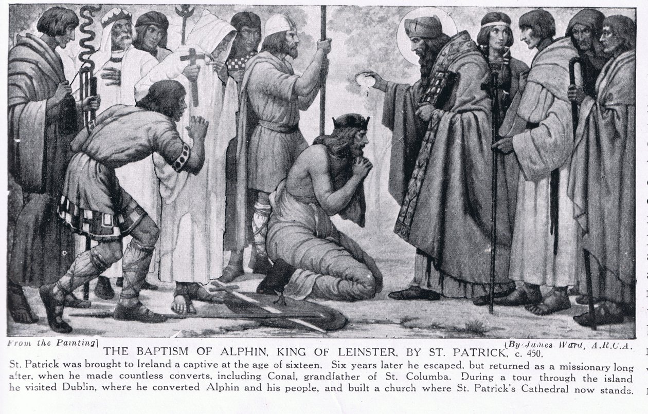 Il battesimo di Alphin, re del Leinster, da San Patrizio, illustrazione da 