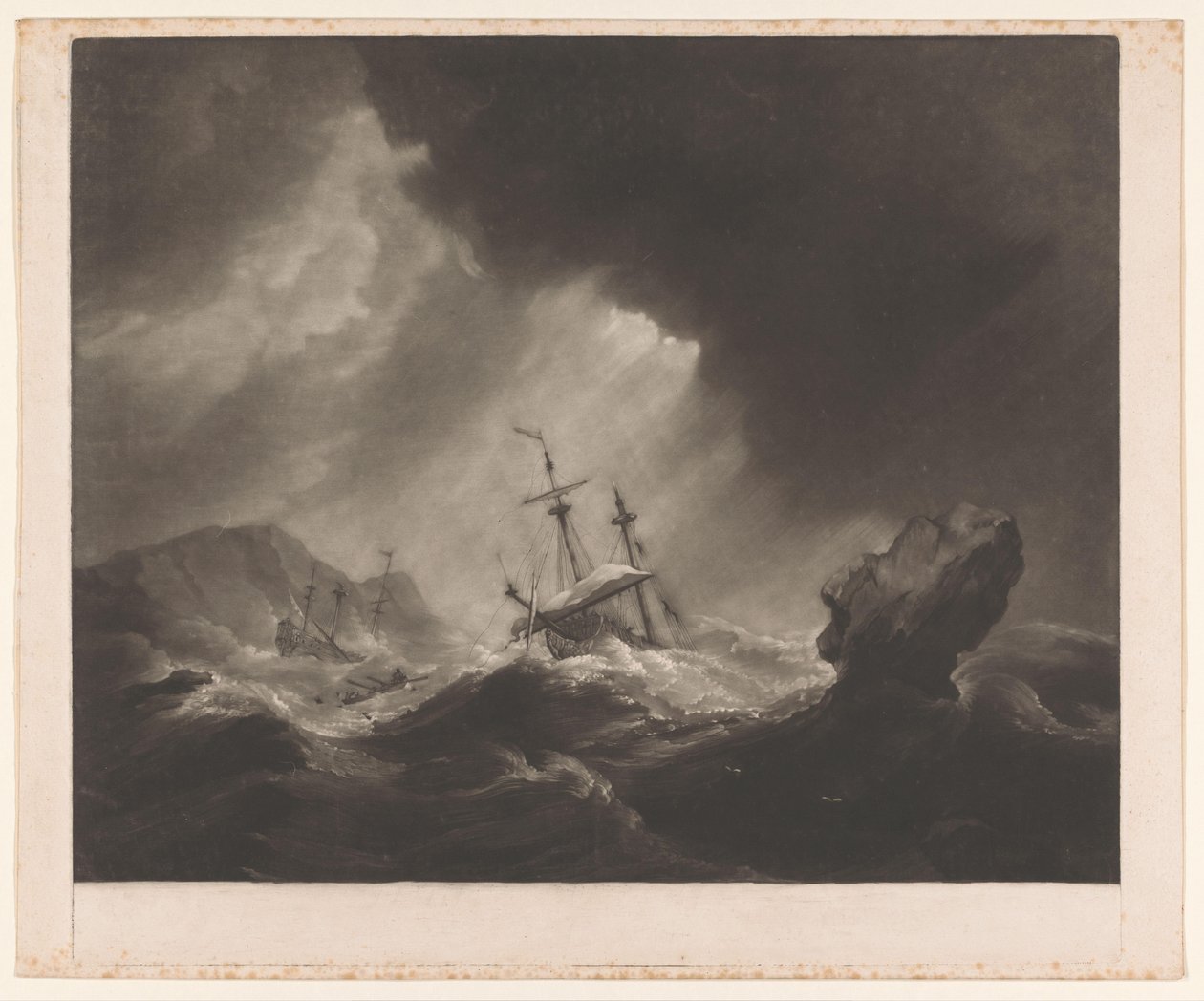 Tempesta in mare con naufragio e nave che affonda da James Watson (prentmaker)