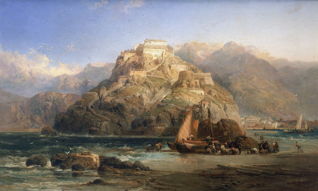 Veduta di San Sebastian (Spagna), al centro, Monte Urgull e gli edifici del castello di Santa Cruz de la Mota. Olio su tela di James Webb da James Webb