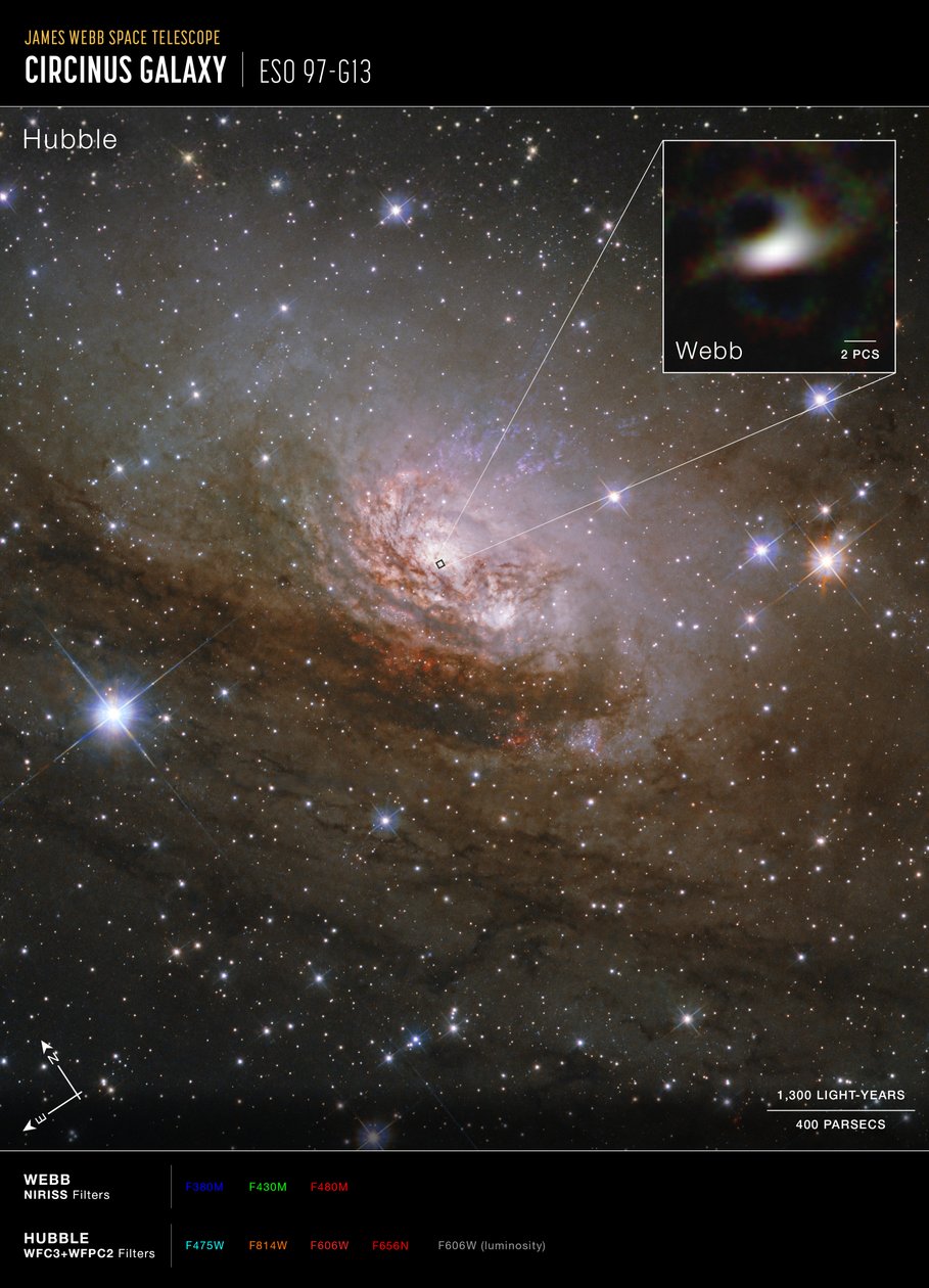 Galassia Circinus (immagine della bussola di Hubble e Webb)   da James Webb Space Telescope (NASA)