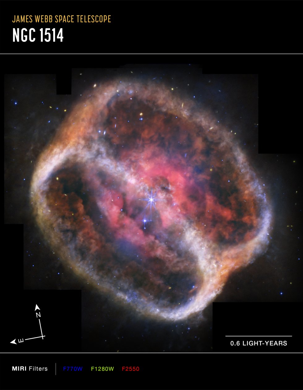 Nebulosa planetaria NGC 1514 (immagine MIRI Compass) da James Webb Space Telescope (NASA)