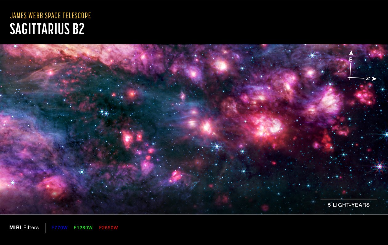 Sagittarius B2 (immagine MIRI Compass) da James Webb Space Telescope (NASA)