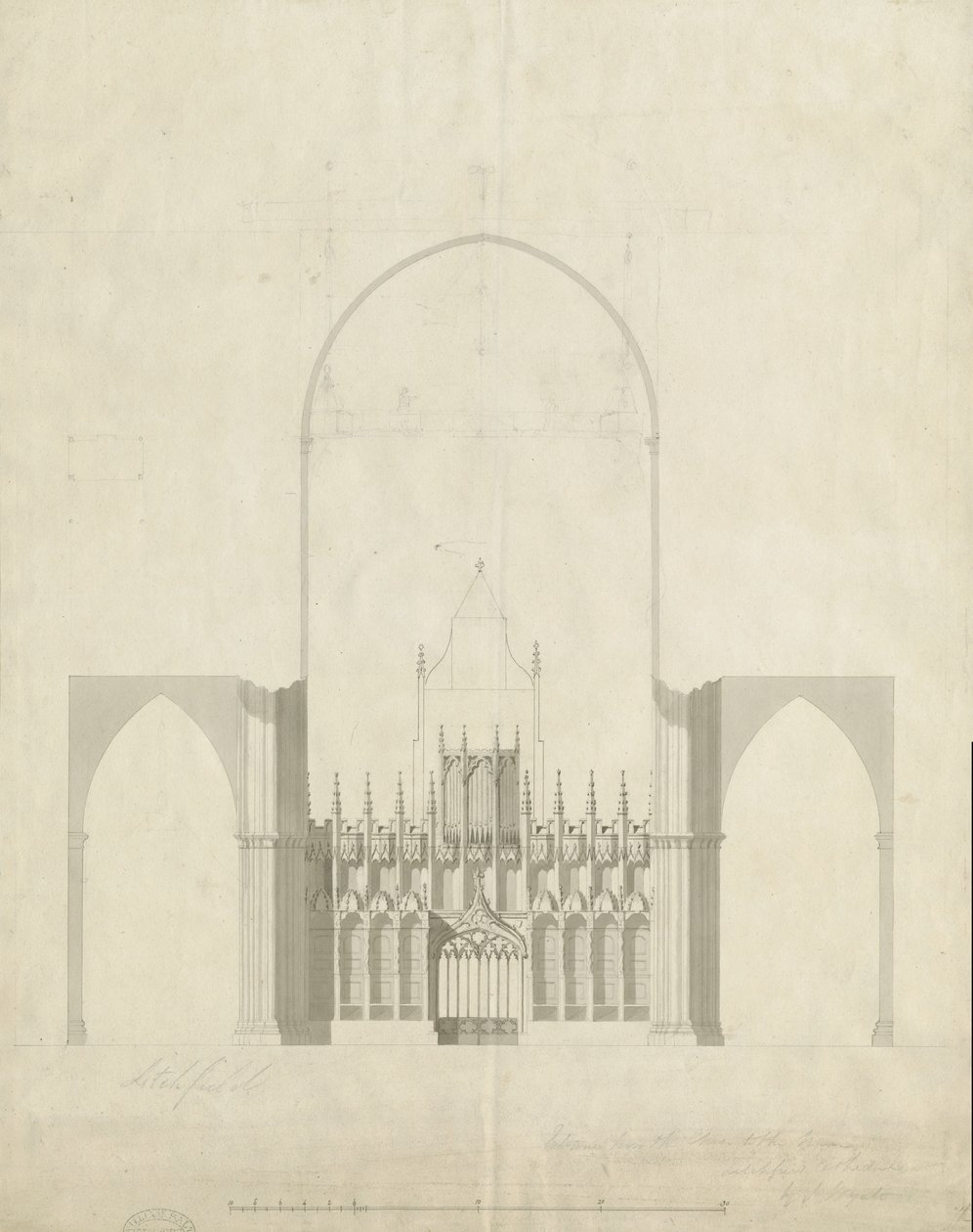 Interno della cattedrale di Lichfield - Ingresso dal coro alla navata: disegno e lavaggio, nd [c 1780] da James Wyatt