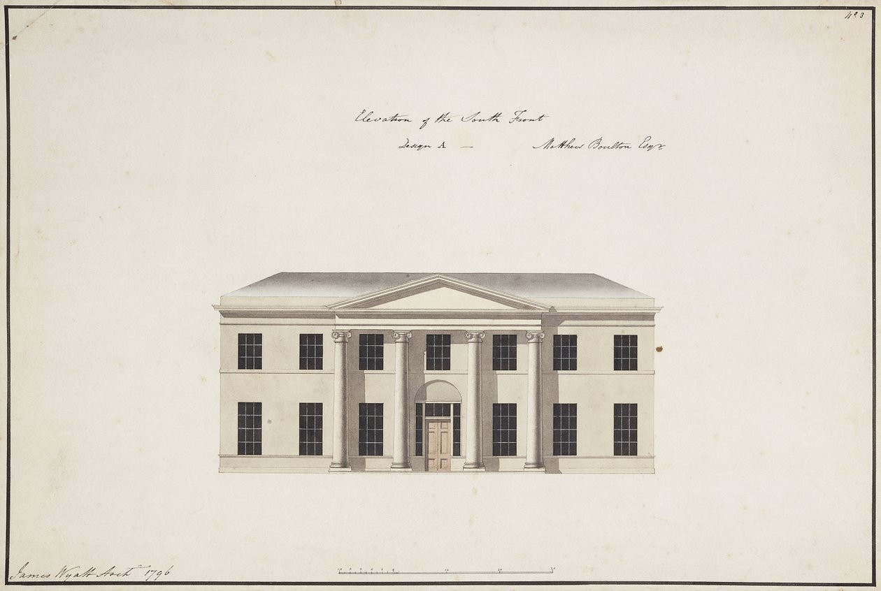 Soho House: pianta del piano terra; pianta del piano della camera da letto; elevazione del fronte sud, design A, elevazione del fronte sud, design B, ed elevazione del fronte nord, 1796 da James Wyatt