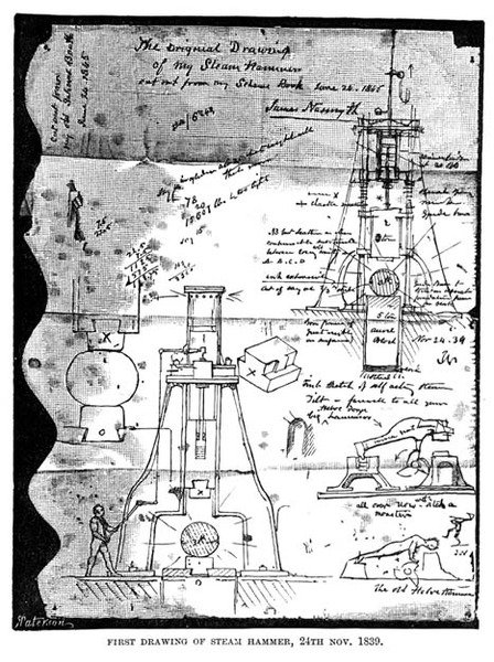 Primo Disegno del Martello a Vapore, 24 Novembre 1839, da una pagina strappata dal taccuino di Nasmyth, inciso da R. Paterson da James after Nasmyth