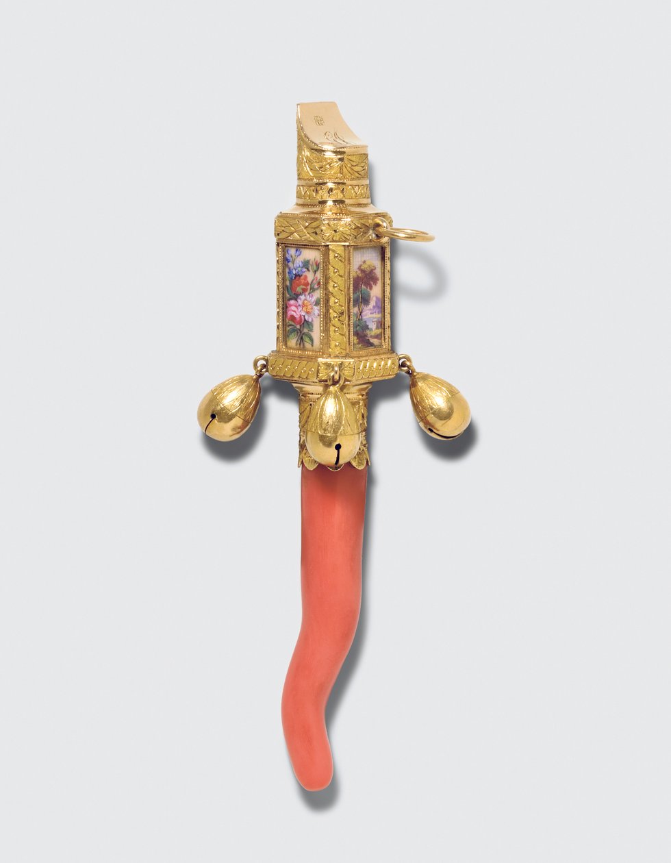 Sonaglio, dentaruolo e fischietto per bambini in stile Regency, marcato Londra 1815/1816 da James and Ray John Montague