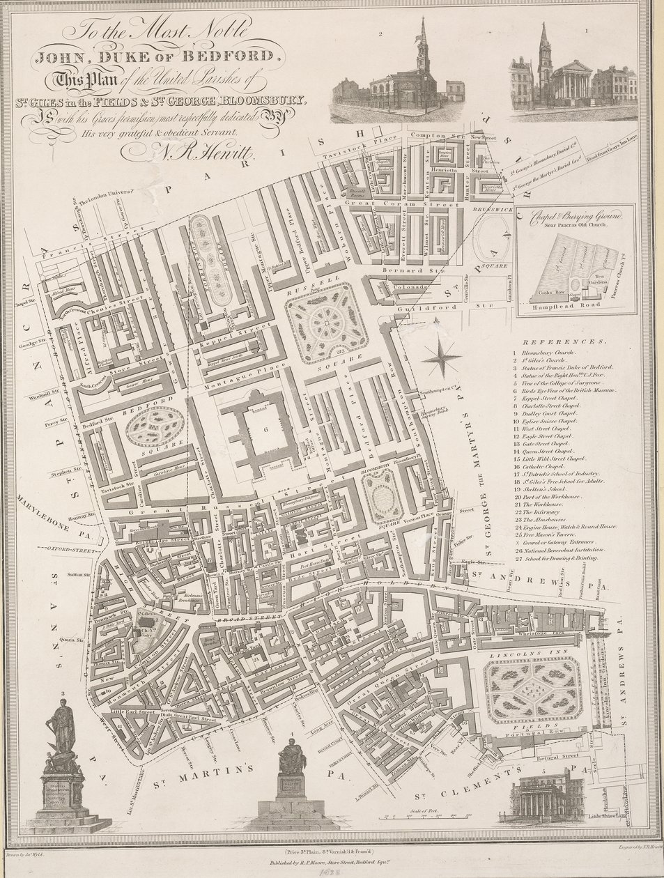Al nobilissimo John, Duca di Bedford. Questo piano delle parrocchie unite di St. Giles in the Fields & St. George, Bloomsbury da James the Elder Wyld