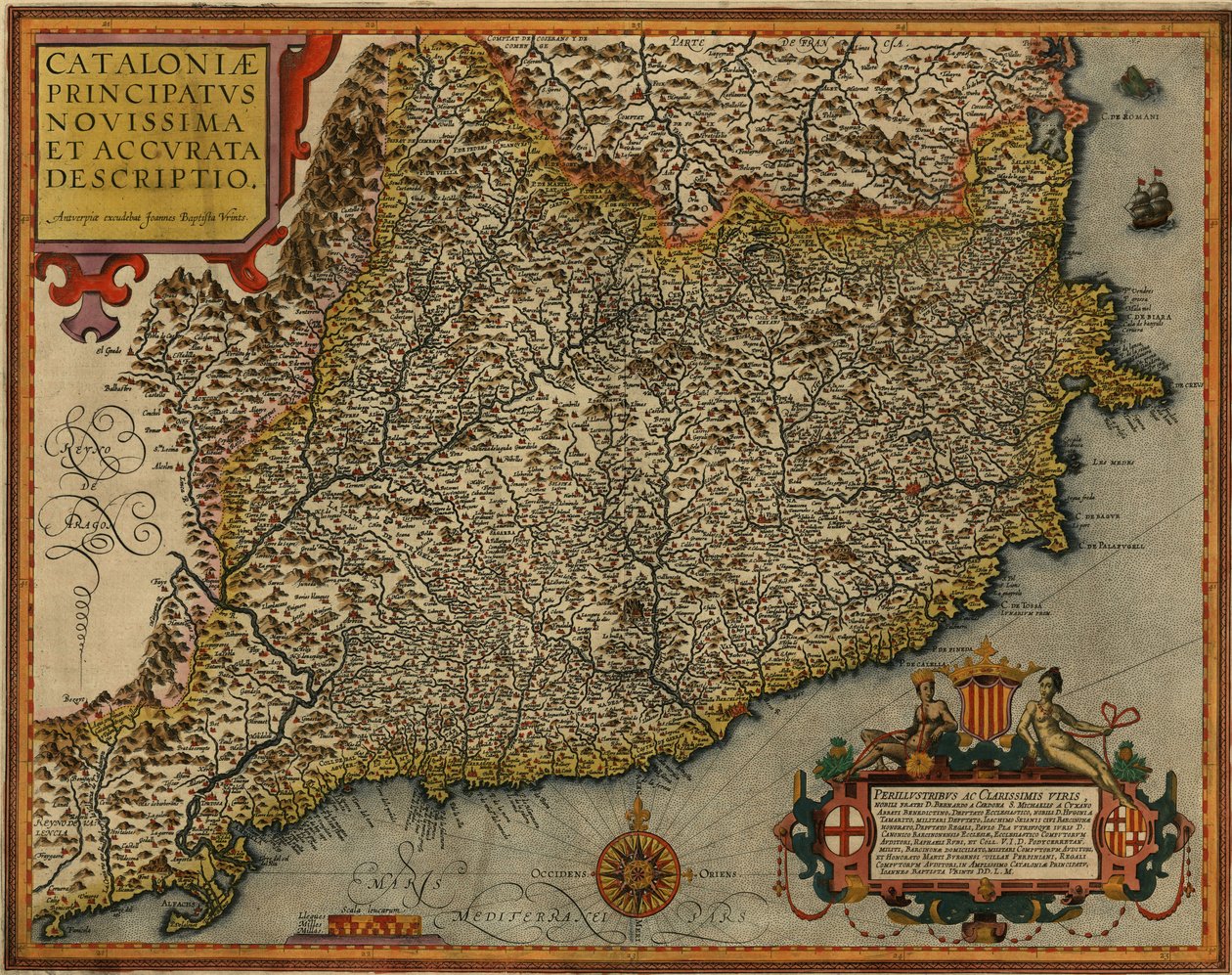 Mappa della Catalogna intitolata Cataloniae principatus novissima et accurata descriptio stampata ad Anversa nel 1608 da Jan Baptist Vrients da Jan Baptist Vrients