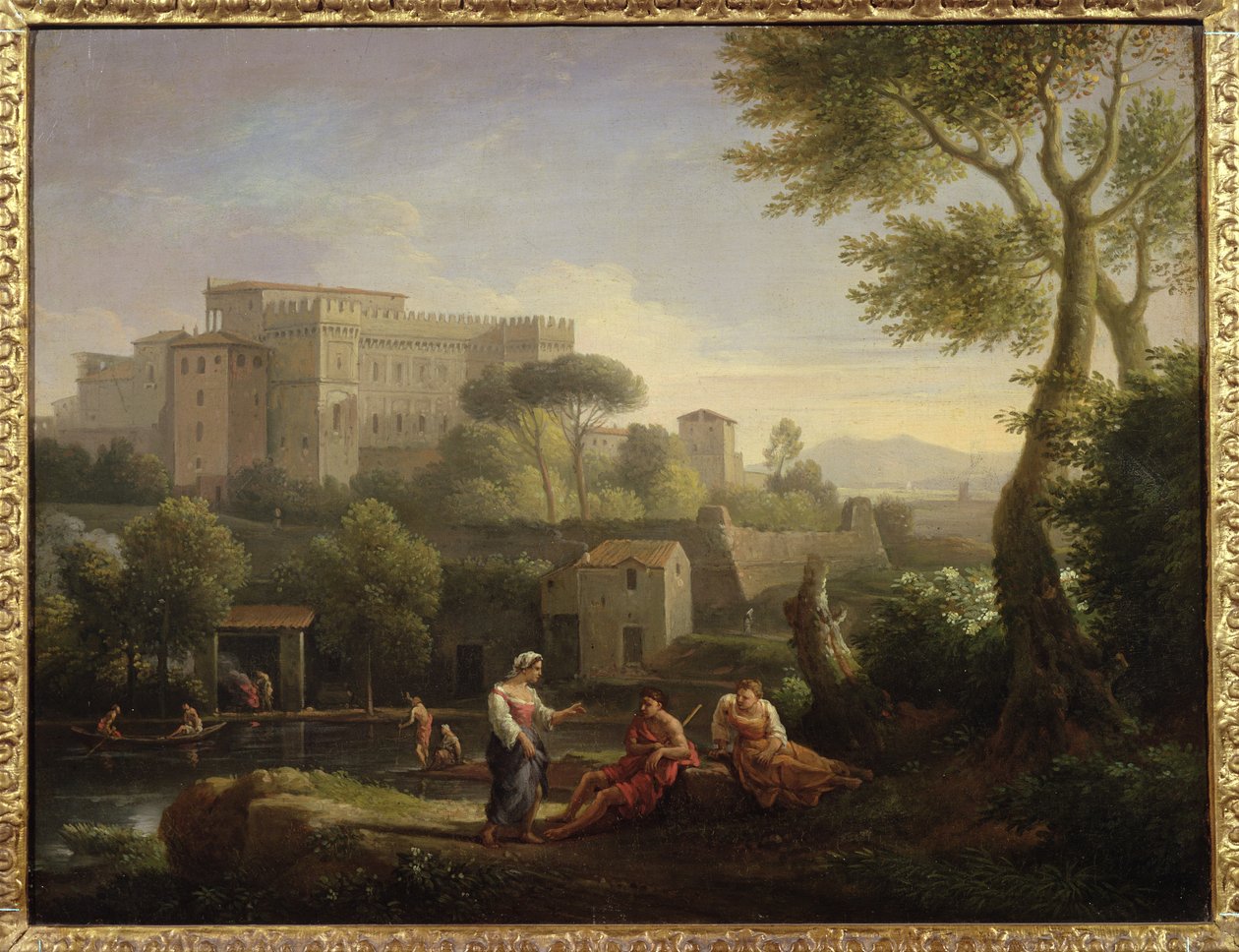 Paesaggio con figure e una fortezza vicino a un fiume da Jan Frans van Bloemen