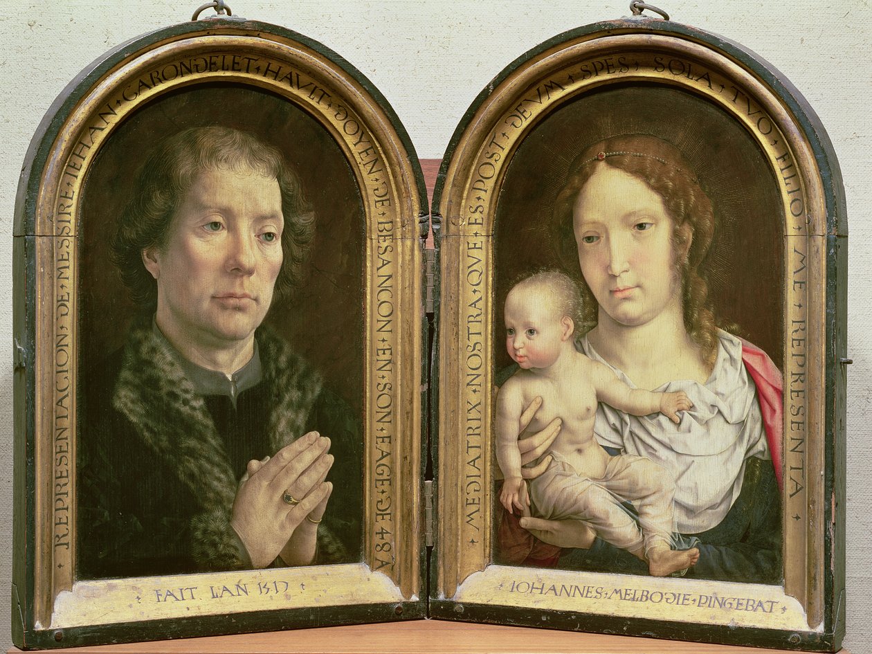 Il Dittico di Carondelet; (LtoR) Ritratto di Jean Carondelet (1469-1545) Decano della Chiesa di Besançon e consigliere di Carlo V; Madonna e Bambino, 1517 da Jan Gossaert