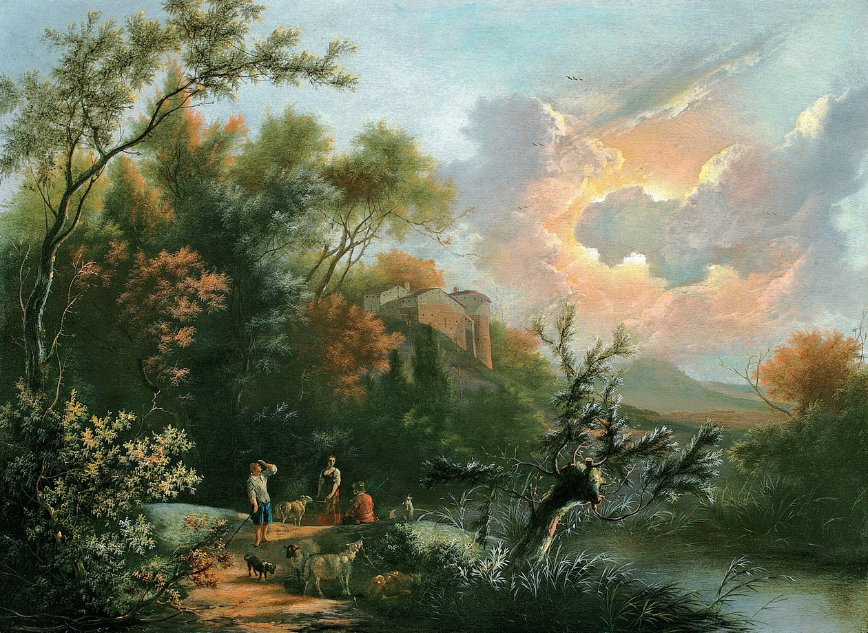 Paesaggio fluviale collinare e boscoso in stile italiano con pastori e il loro gregge a riposo da Jan Snellinck