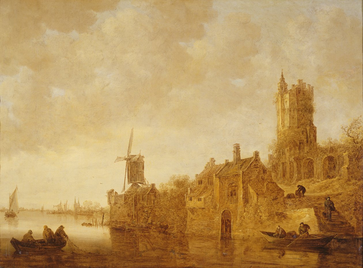 Paesaggio fluviale con mulino a vento e rovine del castello, 1644 da Jan Josephsz van Goyen
