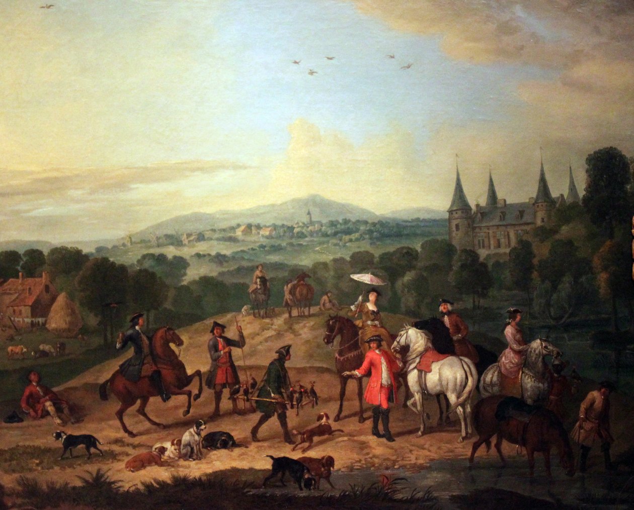 Elegante gruppo di cavalieri in una caccia al falcone in un paesaggio con castello da Jan Peeter Verdussen