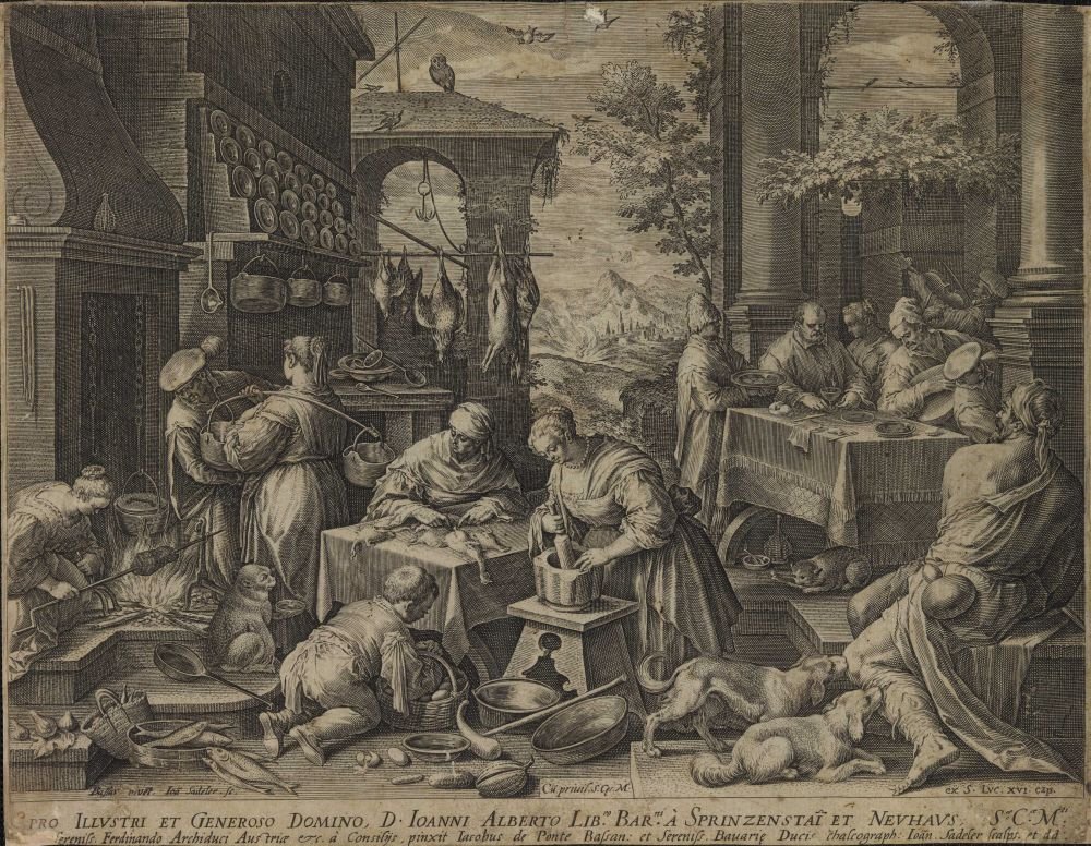 Il ghiottone opulento al tavolo e il mendicante Lazzaro dalla serie Scene di cucina da Jan Sadeler
