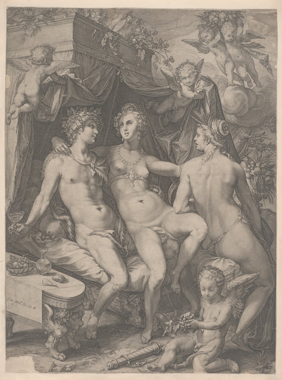 Venere Seduta su un Letto tra Bacco e Cerere, 1600 da Jan Saenredam
