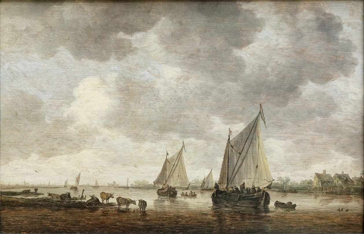 Due grandi barche a vela su un fiume e bestiame vicino alla riva da Jan Josephsz van Goyen