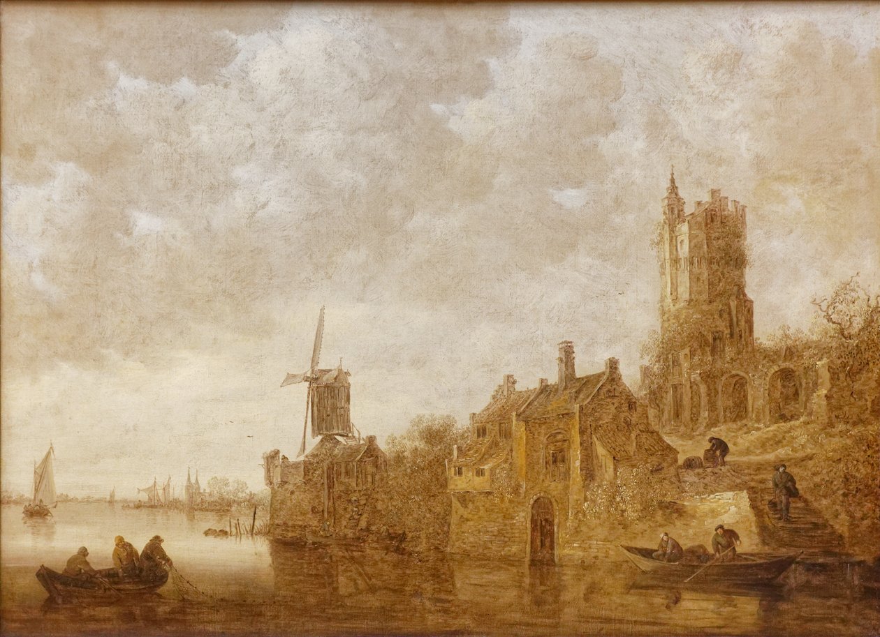 Paesaggio fluviale con mulino e castello in rovina da Jan Josephsz van Goyen