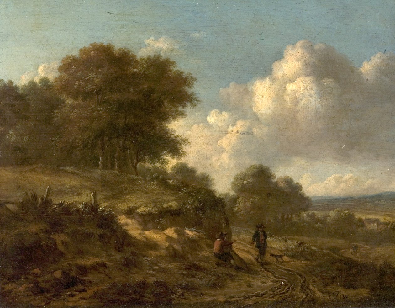 Paesaggio con contadini e un cane da Jan Wijnants