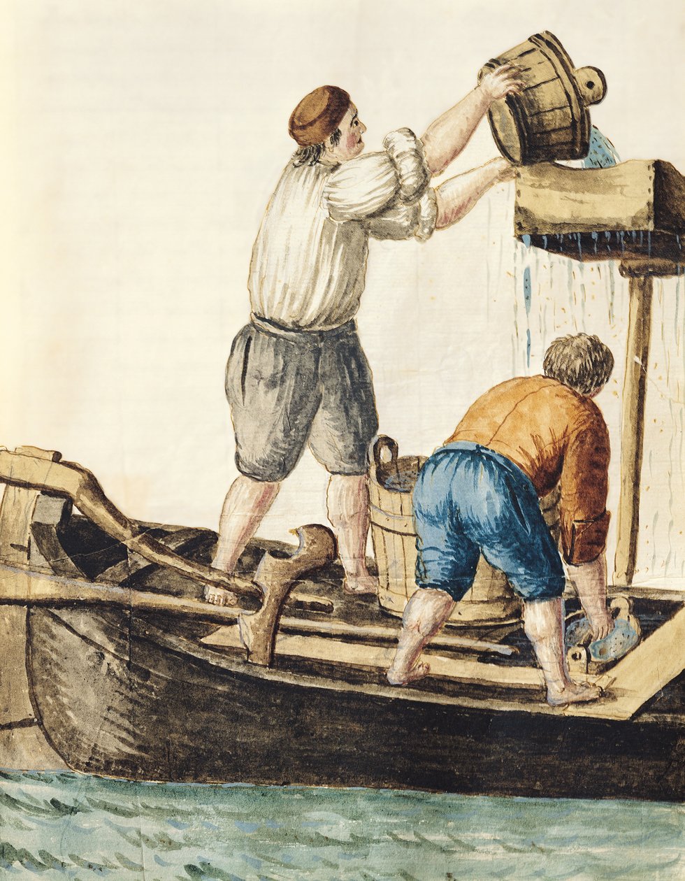 Barcaioli che versano acqua fresca nelle tubature da Jan van Grevenbroeck