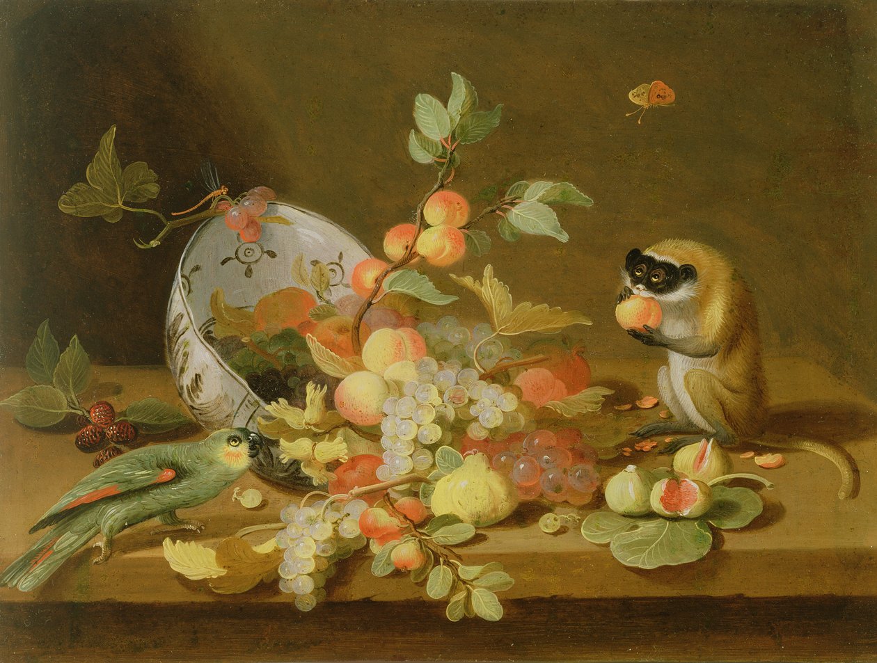 Uva e pesche che cadono da una ciotola di Delft rovesciata da Jan van Kessel the Elder