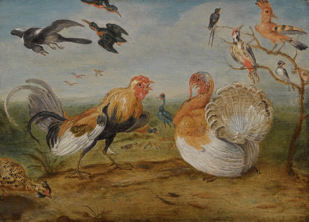 Paesaggio con un gallo e un tacchino che litigano, e altri volatili da Jan van Kessel the Elder