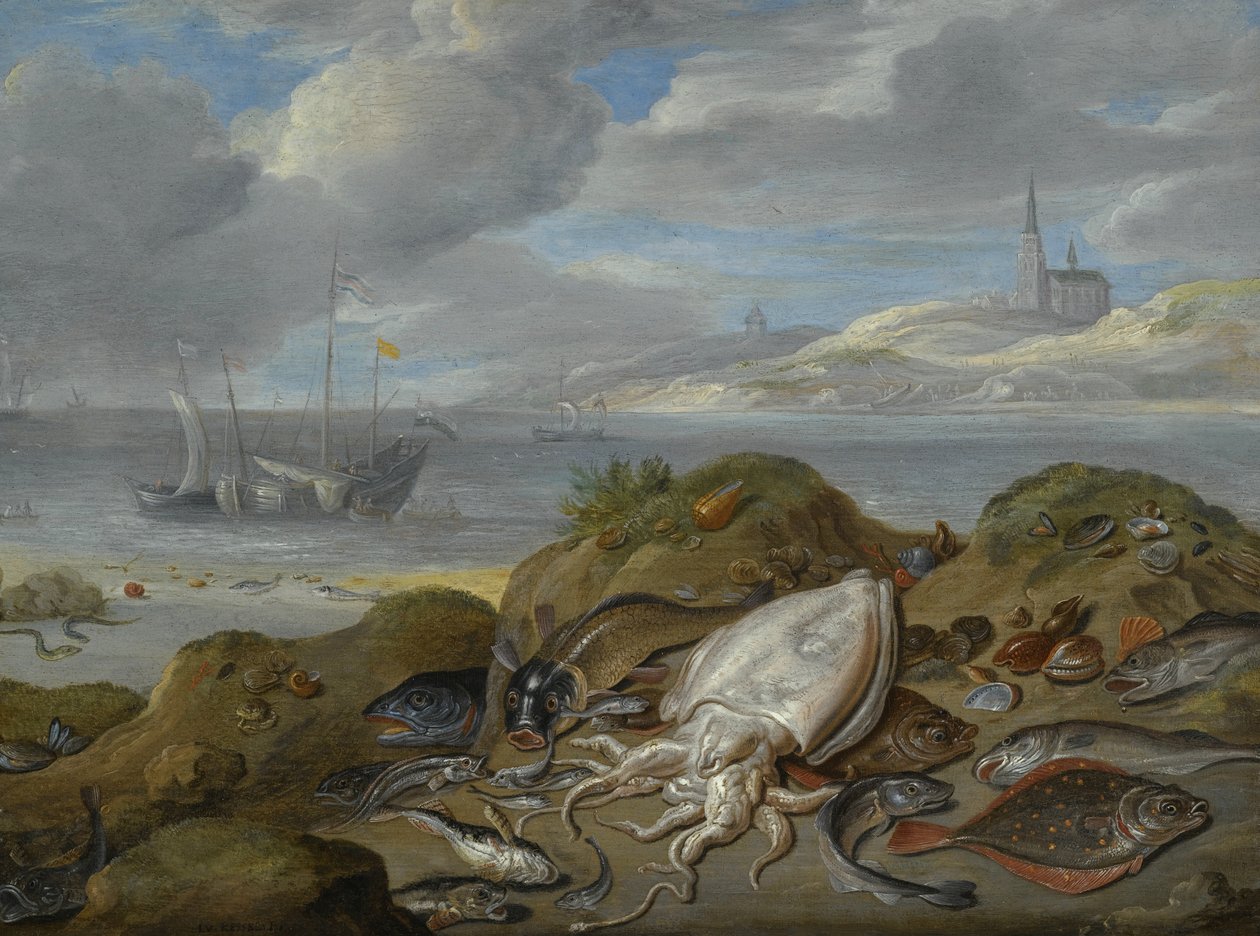 Natura morta con seppia, platessa, merluzzo, cozze e altri pesci su una duna, una chiesa oltre un estuario da Jan van Kessel the Elder