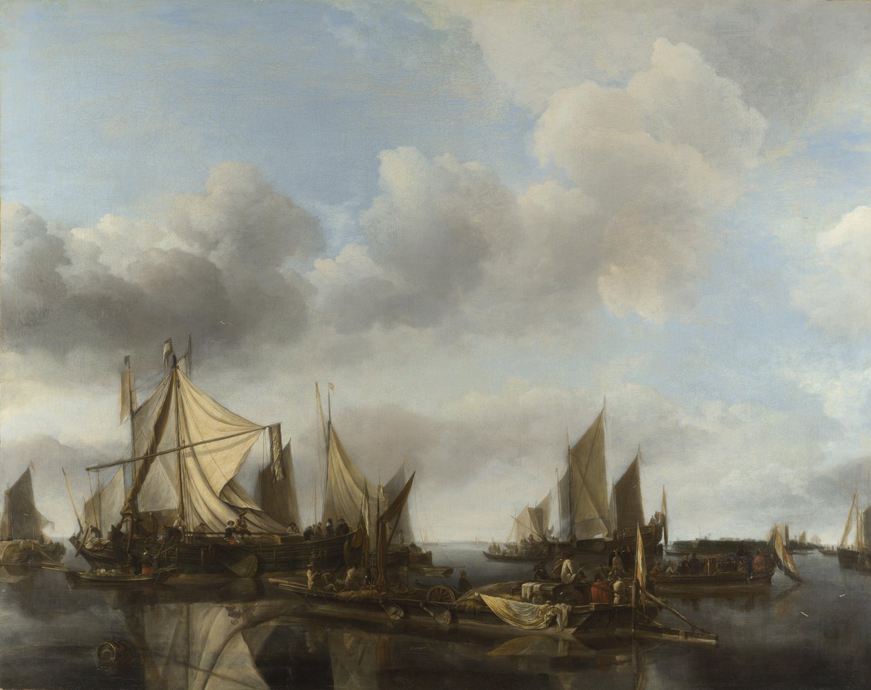 Scena fluviale con un grande traghetto e numerose imbarcazioni da Jan van de Cappelle