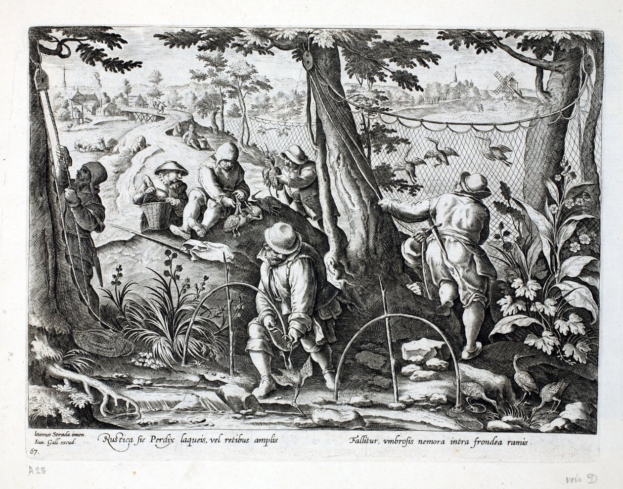 Cacciatori di uccelli che usano trappole per catturare pernici, illustrazione da 
