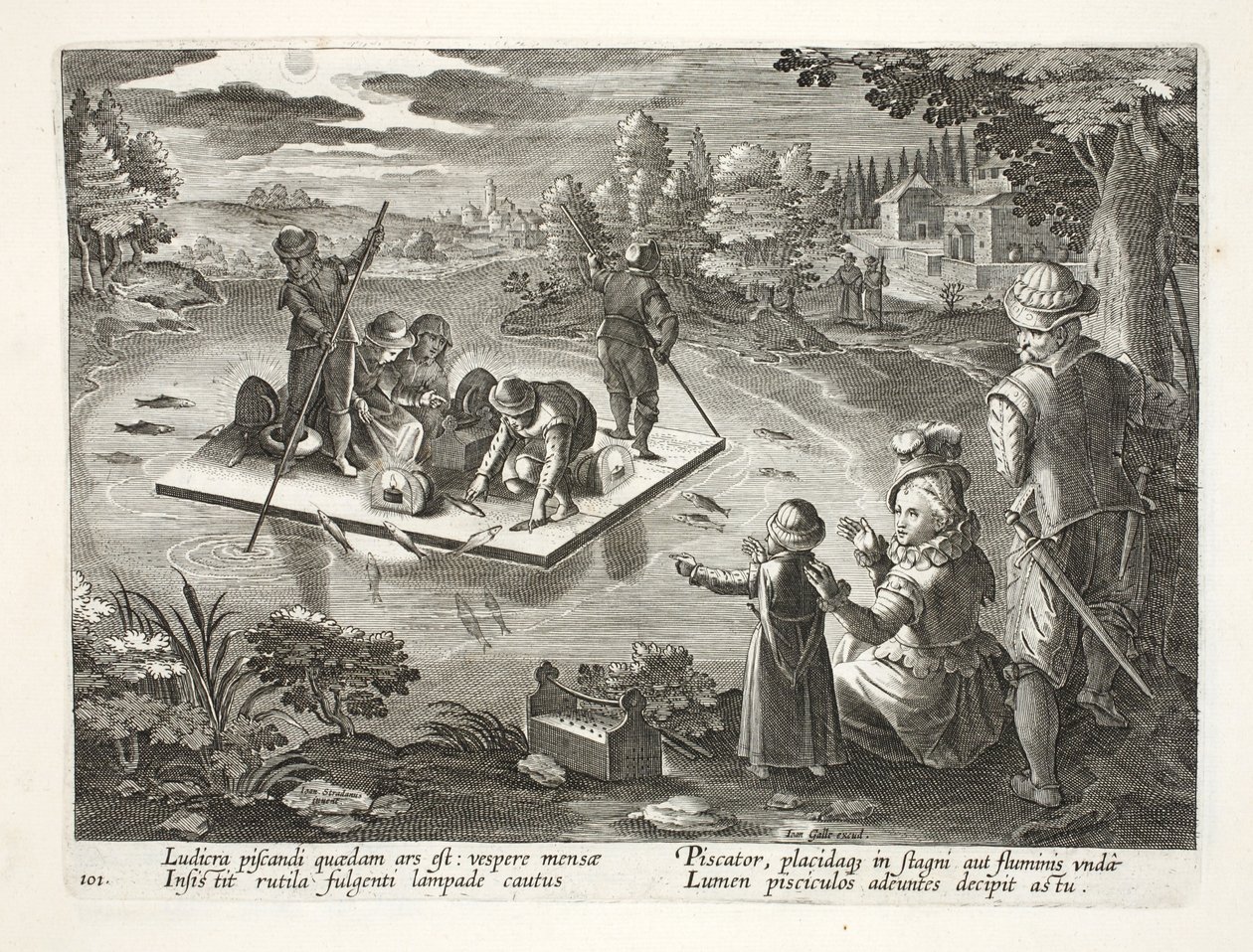 Pesca su un lago di notte, tavola 101, illustrazione da 