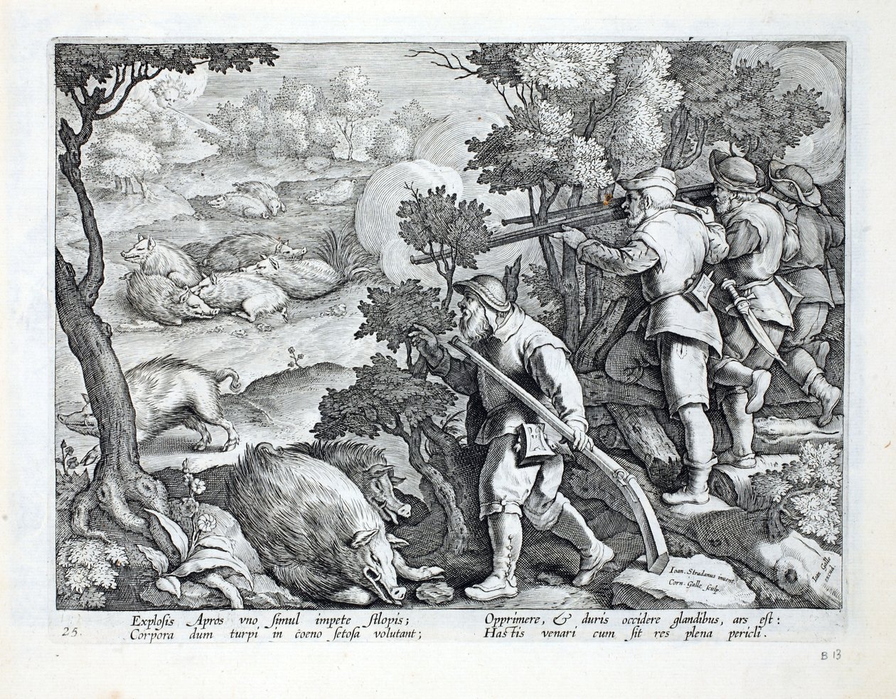 Cacciatori usano fucili per abbattere cinghiali, illustrazione da 