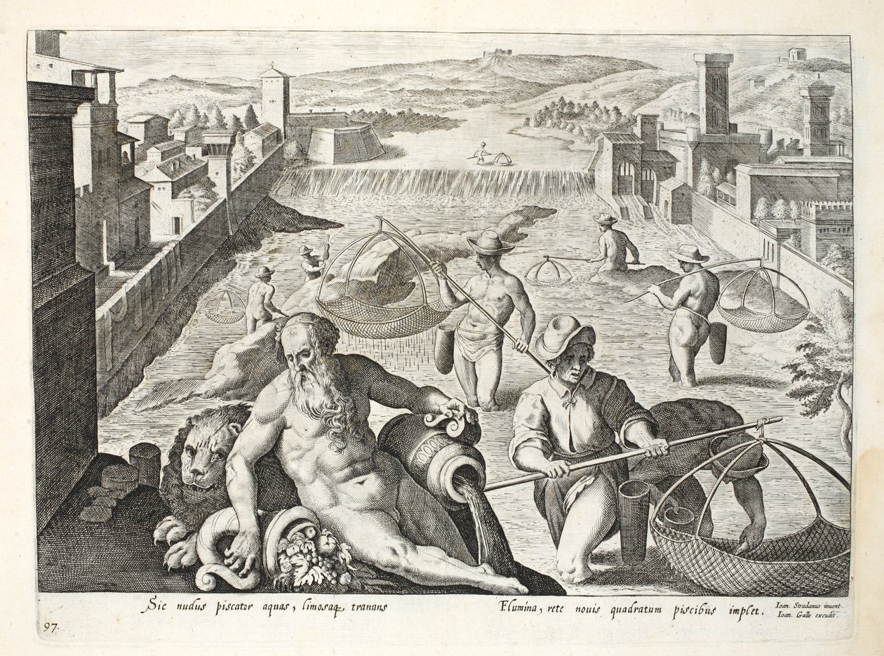 Metodo di cattura del pesce in acque basse usando reti quadrate, illustrazione da 
