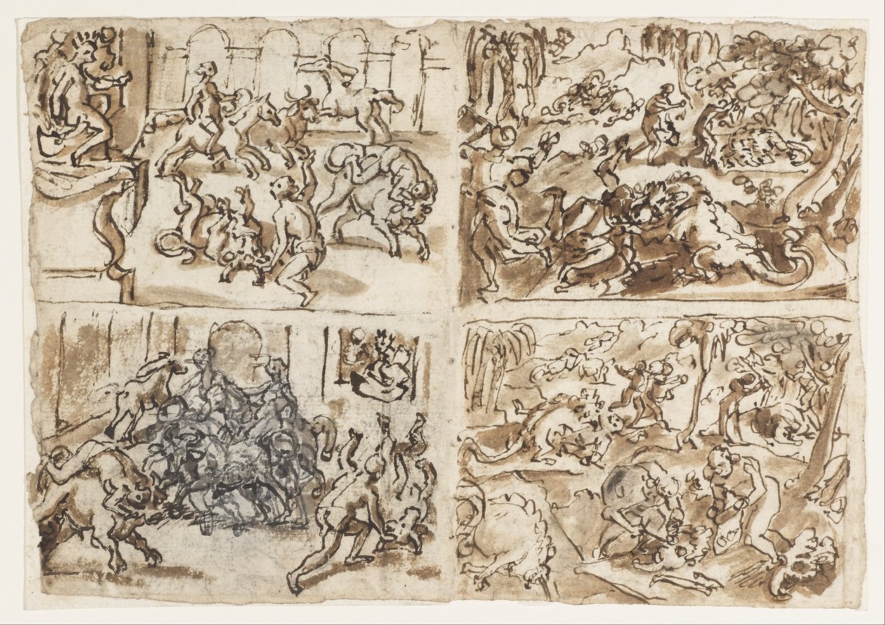 Pagina del titolo da un taccuino che mostra quattro scene, inclusi i Tessali che combattono i tori (dettaglio) da Jan van der Straet