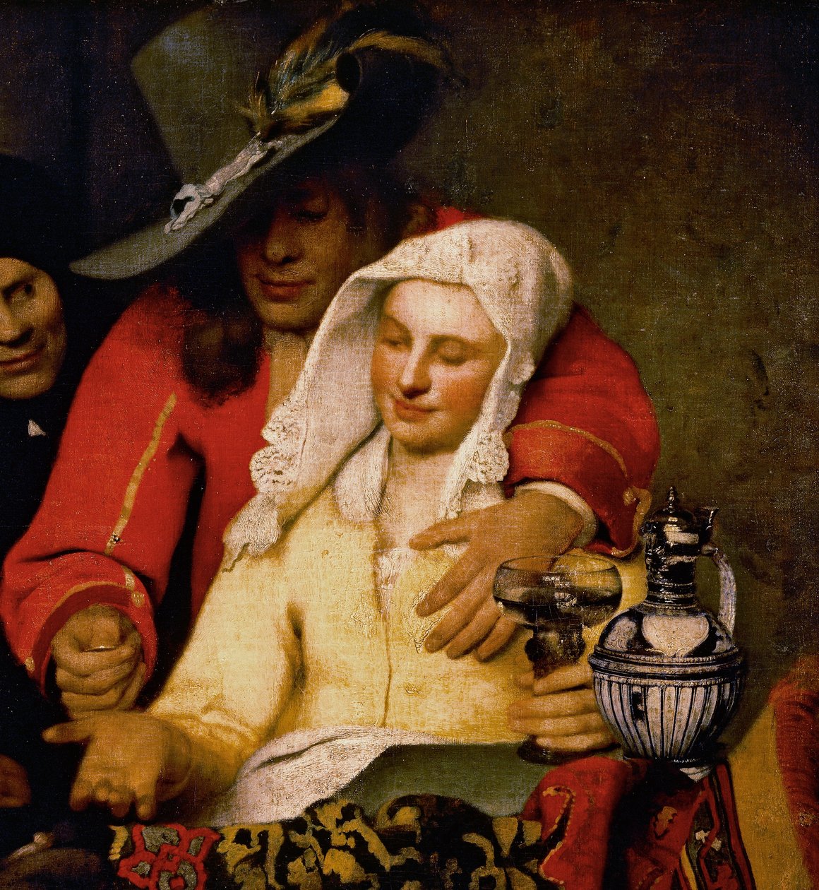 Un uomo porge una moneta a una donna che si tocca il seno, dettaglio da La Mezzana da Johannes Vermeer